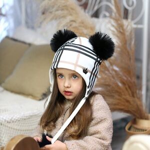 Plaid Pom-Pom Kids Winter Hat with Ear Flaps - White & Black